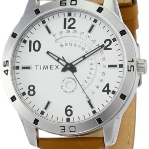TIMEX Analog Watch for Man with White Round Dial & Brown Leather Strap Band