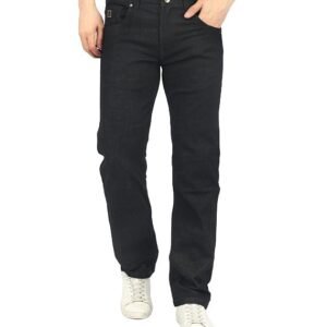 Men’s black straight fit jeans crafted from 100% cotton denim, mid‑rise waist, and classic fit design for stylish everyday wear.