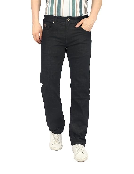 Men’s black straight fit jeans crafted from 100% cotton denim, mid‑rise waist, and classic fit design for stylish everyday wear.