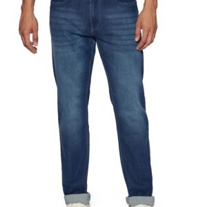 Peter England men’s tapered fit mid‑rise jeans in stretchable twill fabric, classic tape detail, stylish design, and comfortable wear for modern fashion.