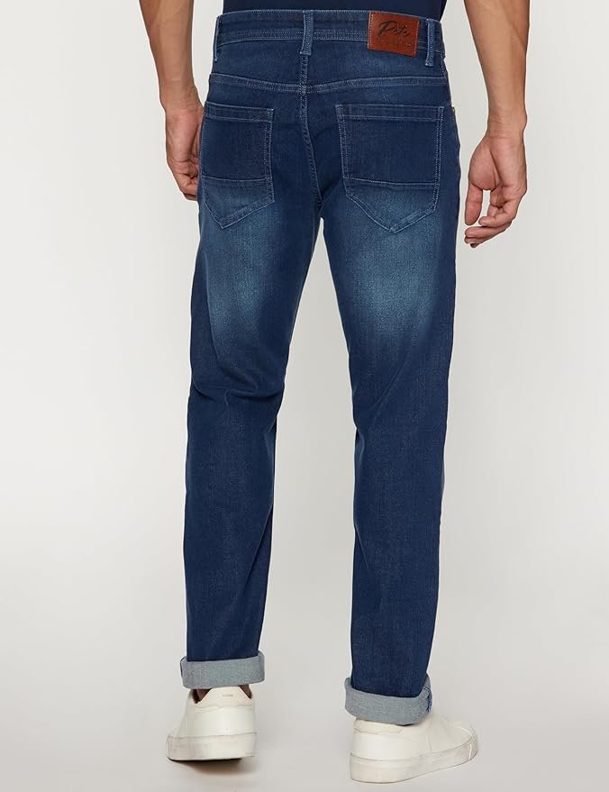 Peter England tapered fit jeans with mid‑rise waist, stretchable twill fabric, and classic tape stylin.g, perfect for casual and semi‑formal looks