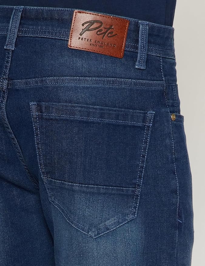 Stylish Peter England men’s jeans with tapered fit, mid‑rise waist, and stretchable twill fabric for versatile fashion.