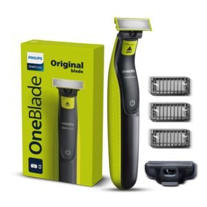 Philips OneBlade trimmer with dual‑sided blades, ergonomic grip, and rechargeable battery, designed for shaving, trimming, and styling facial hair with precision.