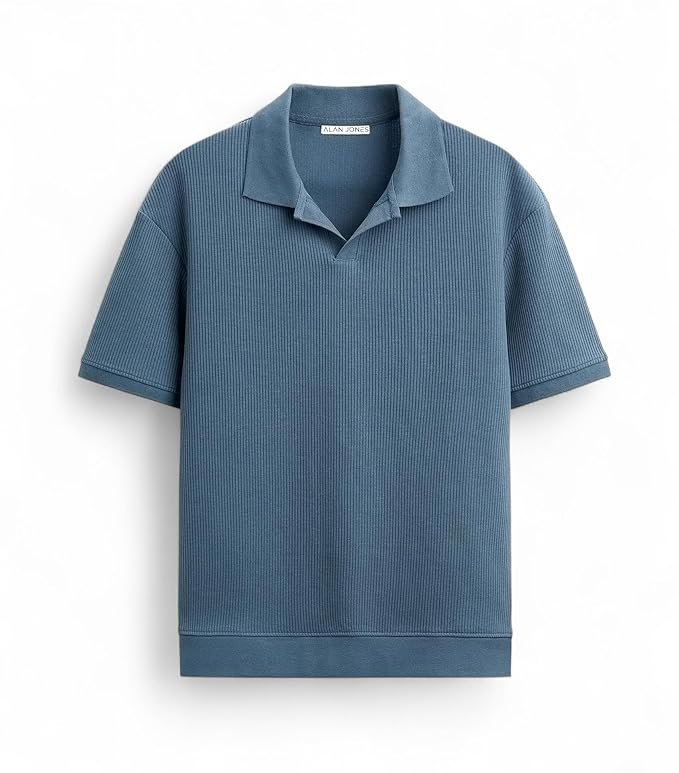 Alan Jones men’s textured polo T‑shirt, classic short sleeves, cotton blend fabric, stylish casual wear, breathable comfort, timeless design for everyday use.