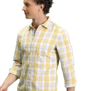 Highlander Men’s Slim Fit Checks Shirt with spread collar, full sleeves, and breathable cotton fabric for stylish casual wear.