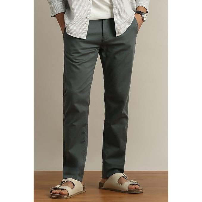 Peter England slim fit men’s trousers, cotton satin blend, stretchable comfort, timeless style, perfect for office wear and casual outings.