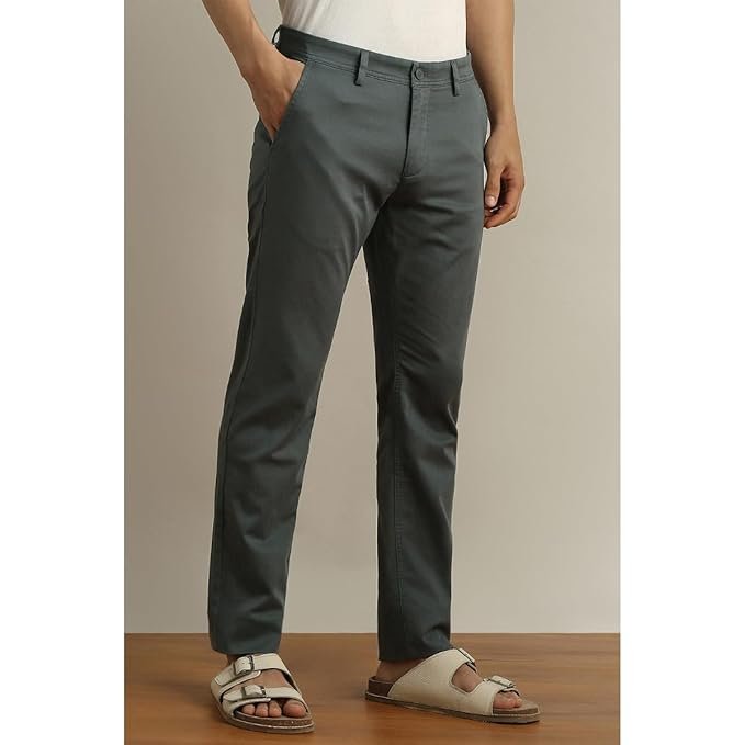 Men’s slim fit trousers by Peter England, stretchable cotton satin fabric, smart look, breathable comfort, ideal for everyday wear.