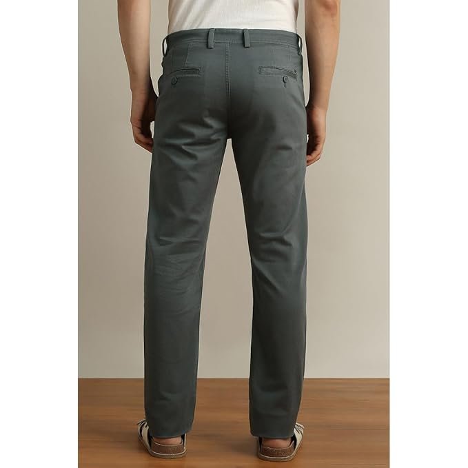 Peter England slim fit stretchable trousers, cotton satin blend, stylish design, comfortable fit, perfect for office and casual wear.