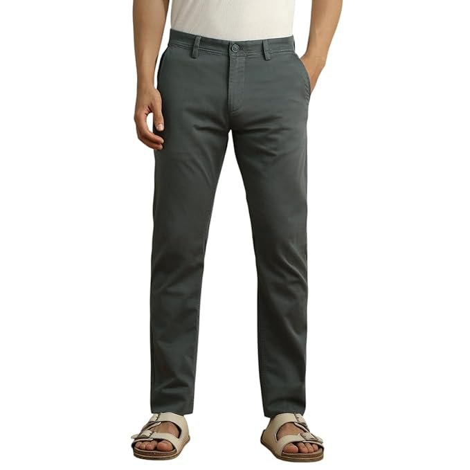 Peter England men’s slim fit stretchable cotton satin trousers, stylish office and casual wear, comfortable fabric, smart look, versatile design for everyday use.
