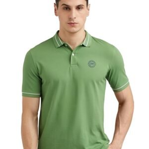 Peter England Men’s Regular Fit Polo T‑Shirt in cotton rich fabric, half sleeves, insignia design, and premium pique weave for stylish casual wear.