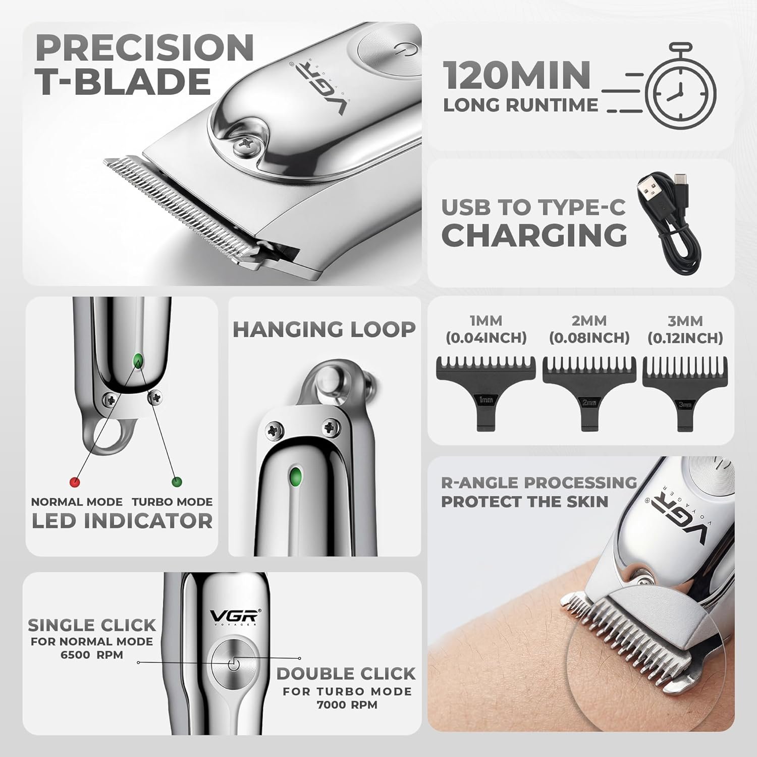 Cordless shaving machine with durable blades, sleek finish, and USB Type‑C charging, offering reliable grooming performance.