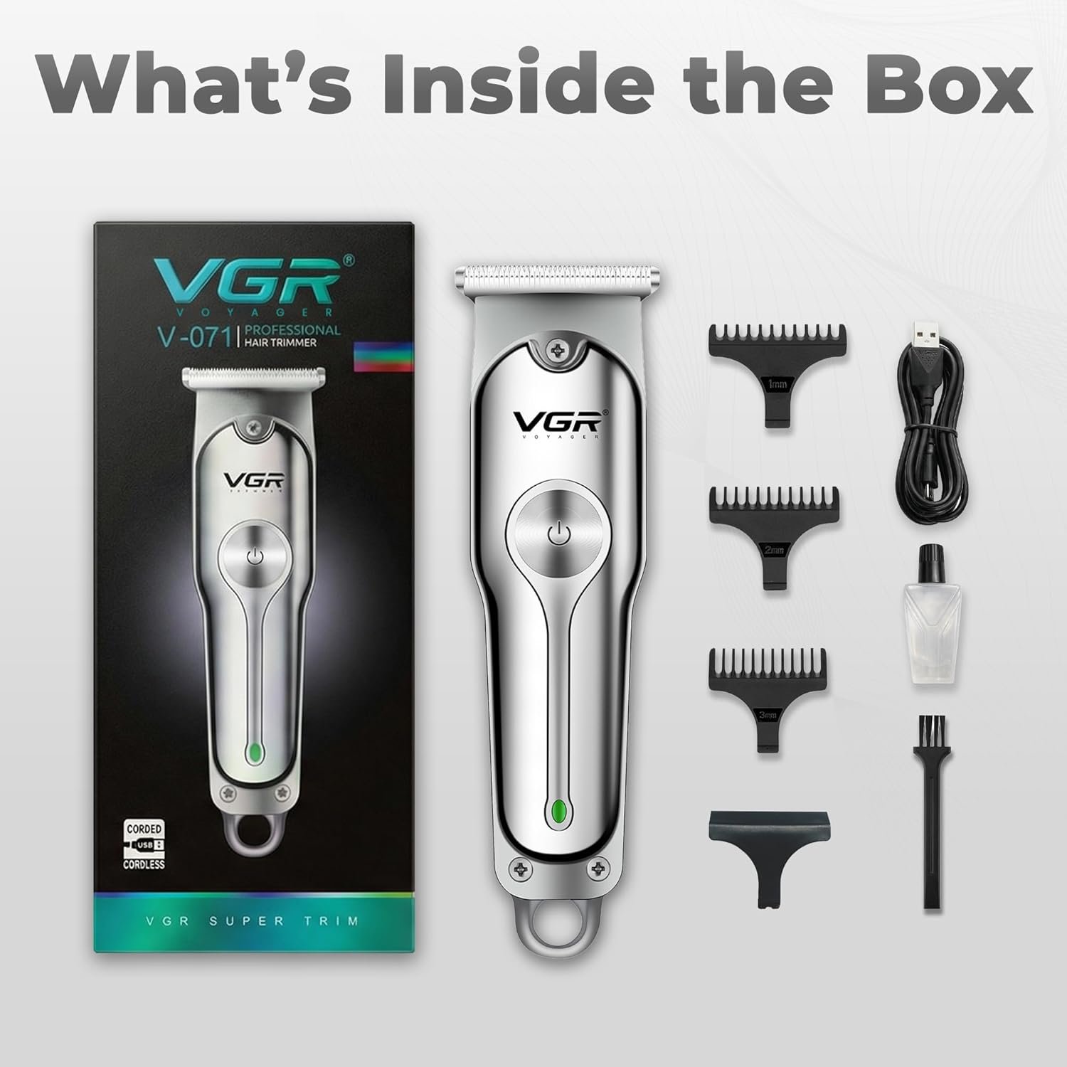 USB Type‑C cordless hair trimmer with 120‑minute runtime, precision blades, and ergonomic grip, designed for beard styling, shaving, and grooming at home.