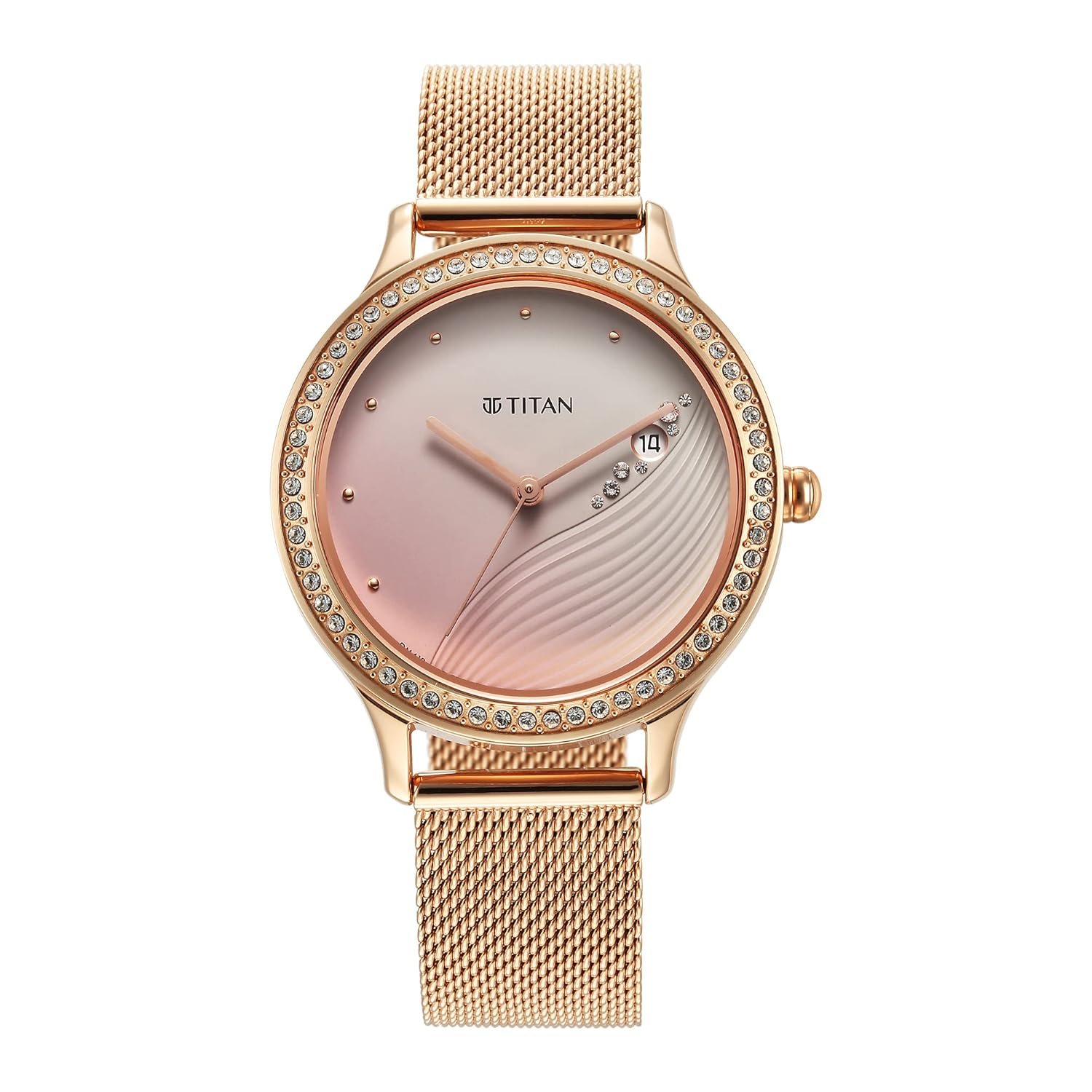 Titan Purple Glam It Up women’s quartz analog watch with pink dial, date display, and rose gold stainless steel strap for stylish fashion.