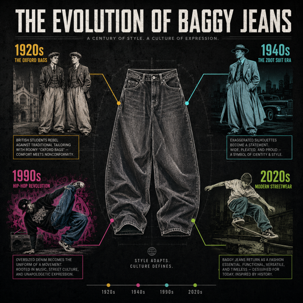 A square, four-quadrant historical fashion infographic charting the origins of the baggy jeans trend start from 1920s Oxford Bags to 90s hip-hop and skate culture.