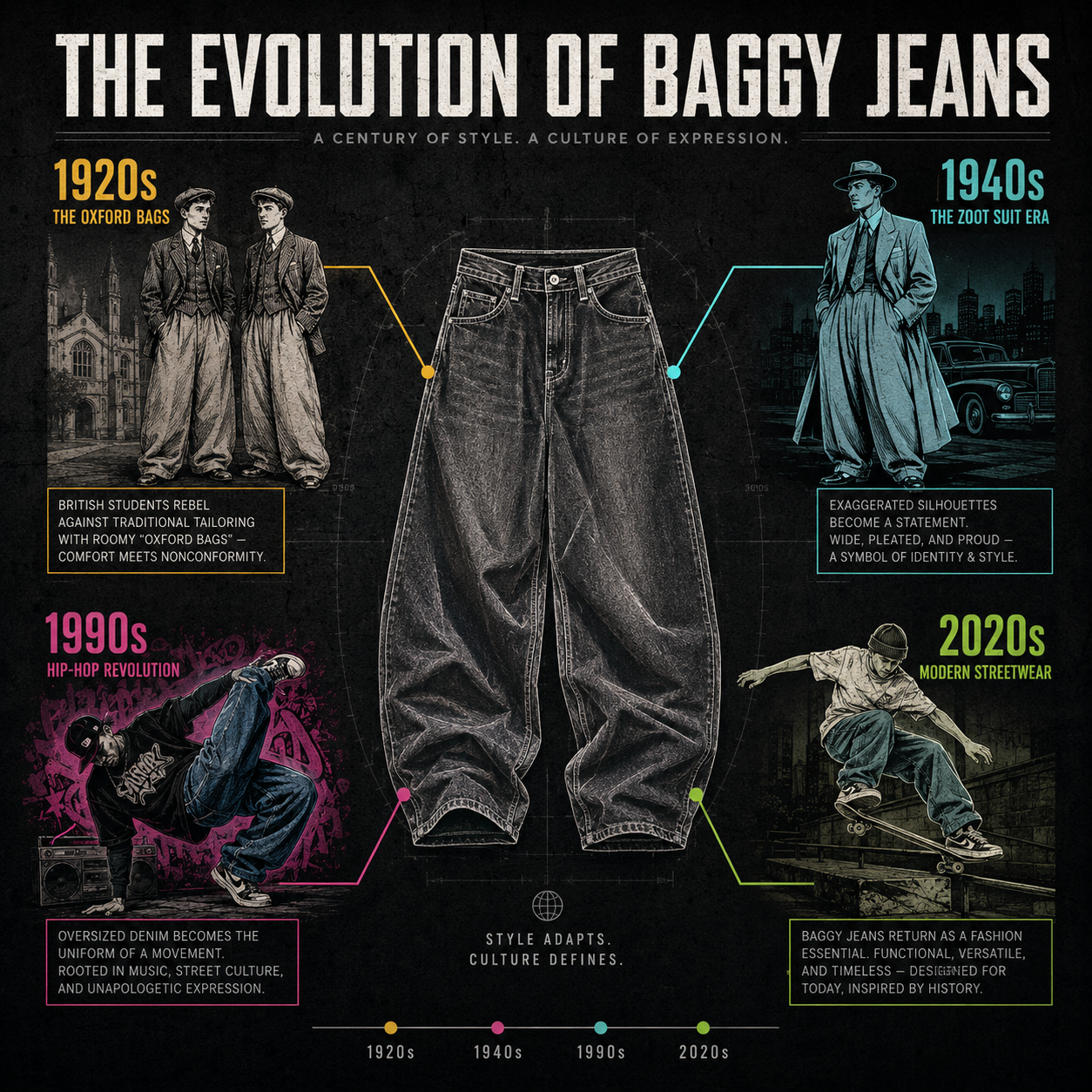 A square, four-quadrant historical fashion infographic charting the origins of the baggy jeans trend start from 1920s Oxford Bags to 90s hip-hop and skate culture.