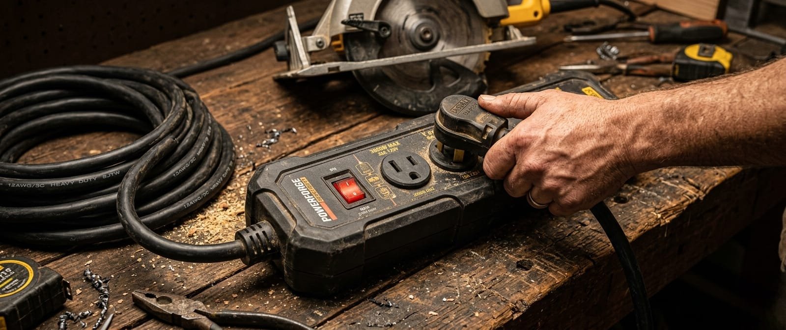 A rugged, industrial heavy duty extension board resting on a wooden workshop bench as a power tool plug is inserted into a high-amperage socket.