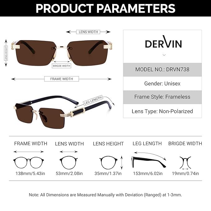 Elegant rimless rectangular sunglasses by TDervin, lightweight and durable for men and women.