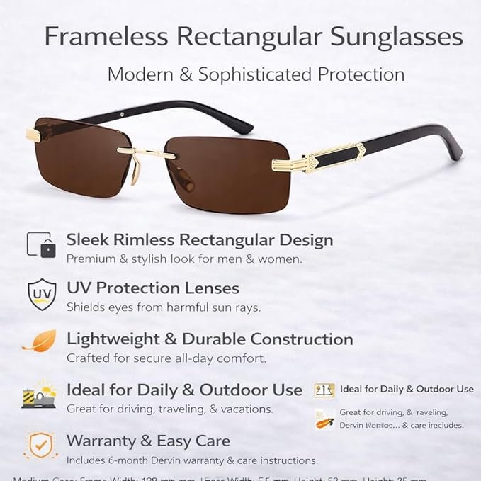 Dervin rectangular rimless sunglasses, modern design with UV protection.