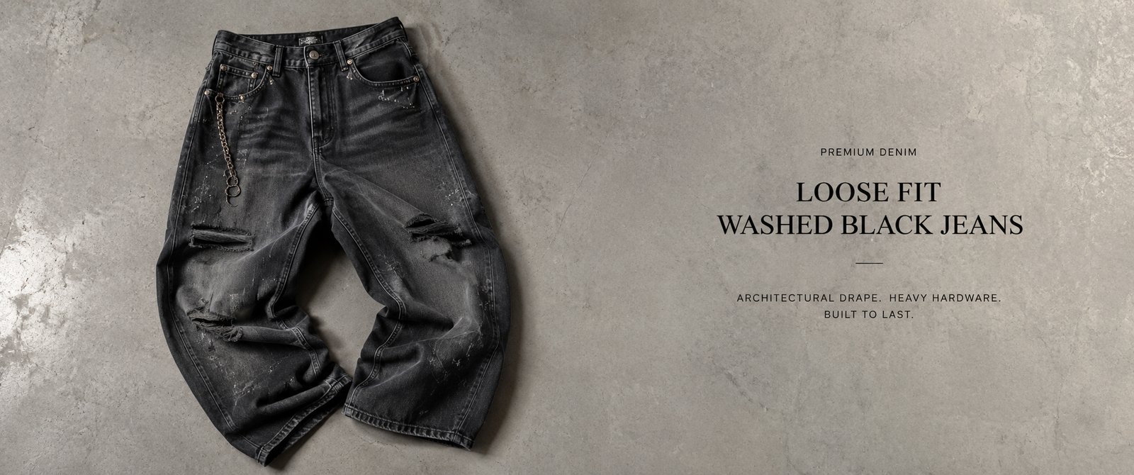 Premium washed black loose fit jeans displayed in a high-end fashion editorial flat lay on a concrete studio floor, featuring architectural draping, distressed detailing, and metal hardware accents.